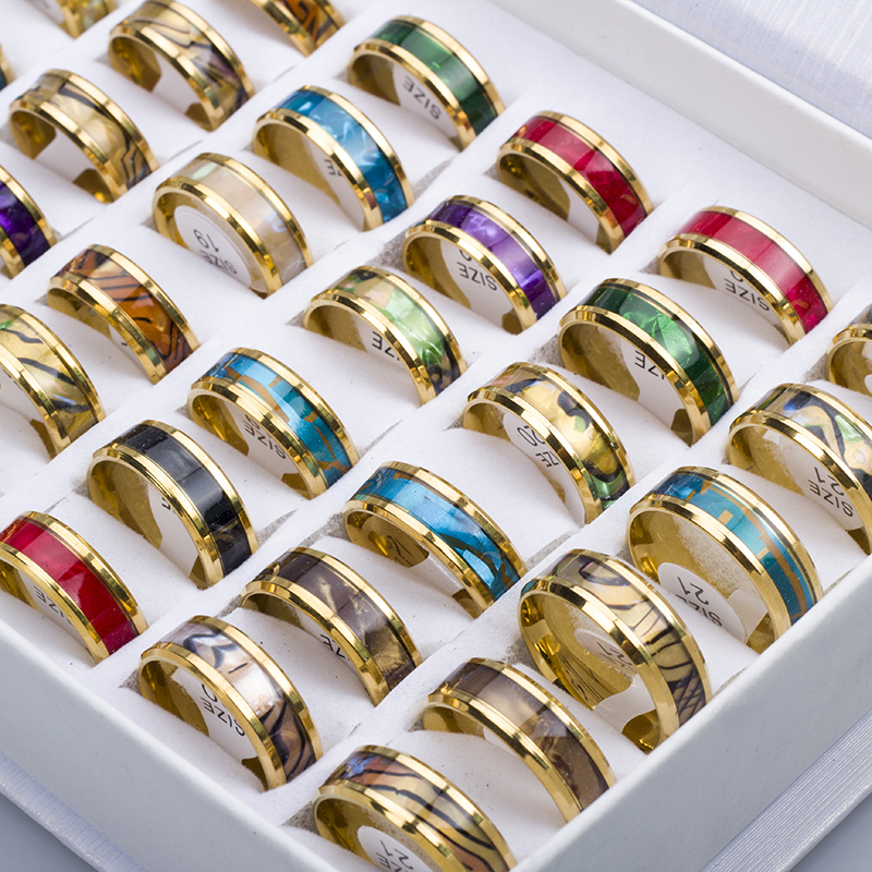 24 Stks/partij Mode Mousserende Multicolor Schelpen Rvs Ringen Voor Vrouwen Mannen Mix Stijl Bruiloft Partij Vinger Sieraden