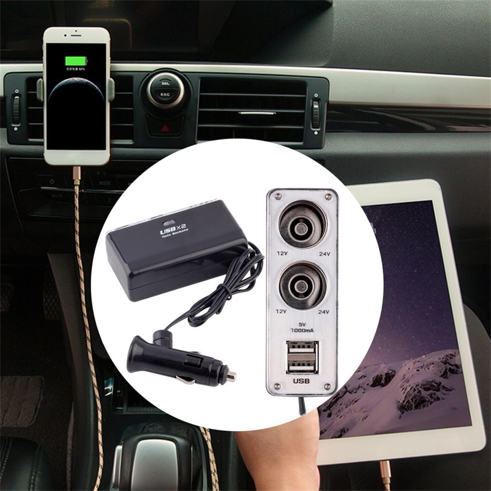 Universele dubbele aansluiting, 2 usb-poorten, auto, sigarettenaansteker, splitter,  dc 12v/24v auto-oplader, stopcontact, zwart