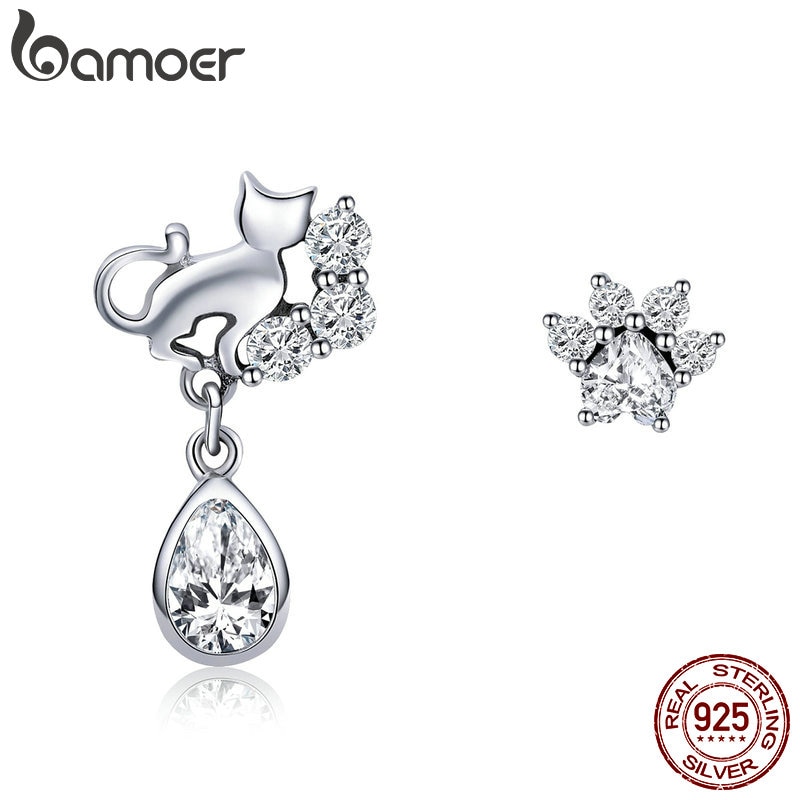 BAMOER 925 Sterling Silver Dazzling CZ Guardian Cat Stud Earrings for Women Sterling Silver Jewelry SCE424