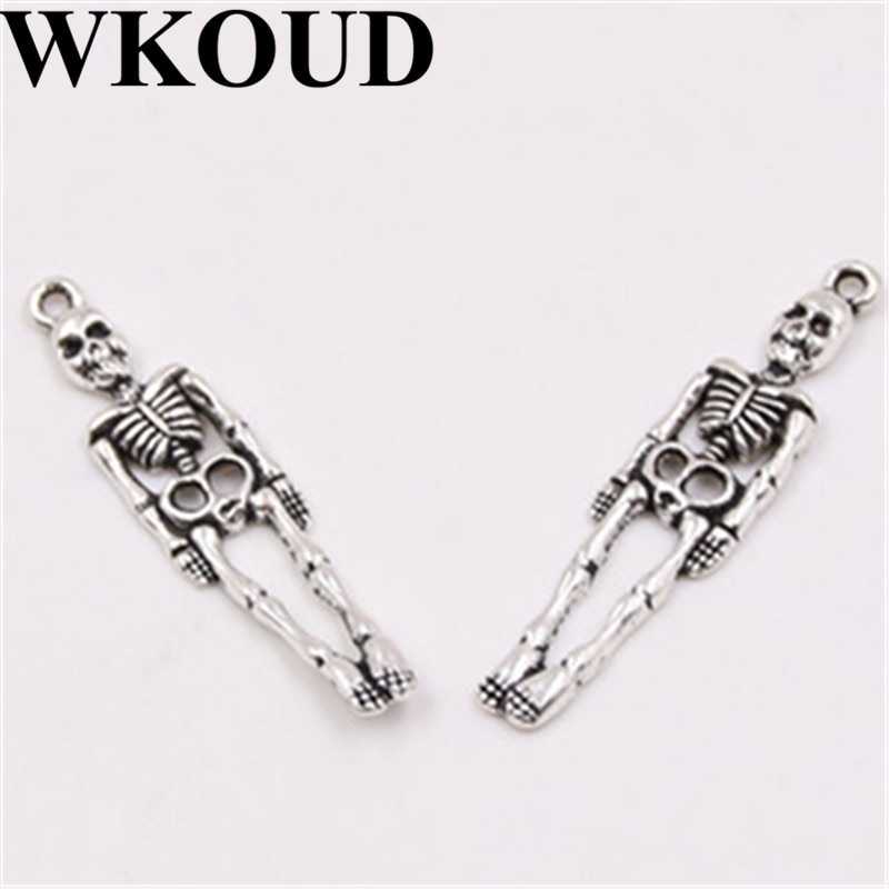 WKOUD15pcs Antique Silver Skeleton Body Skull Charm Pendants Zinc Alloy Pendant Fit Jewelry Making 39x9mm