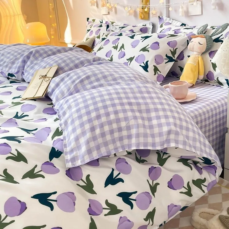 Juego de ropa de cama de cereza para niñas y niños, funda de edredón sin relleno, Sábana plana, funda de almohada, ropa de cama Kawaii