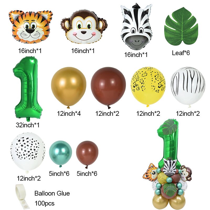 Conjunto de globos con número de animales de Safari para niños, decoración para de cumpleaños de 1 a 9 años, suministros para Baby Shower, 35 piezas: Number1 Set