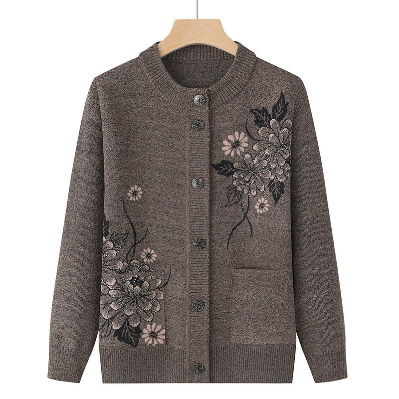 Korean Women's Clothes Knit Woolen Printed Cardigan Coat Middle Aged Mother Knitwear Tops Vintage Grandma Sweater Jacket: 4XL / camel