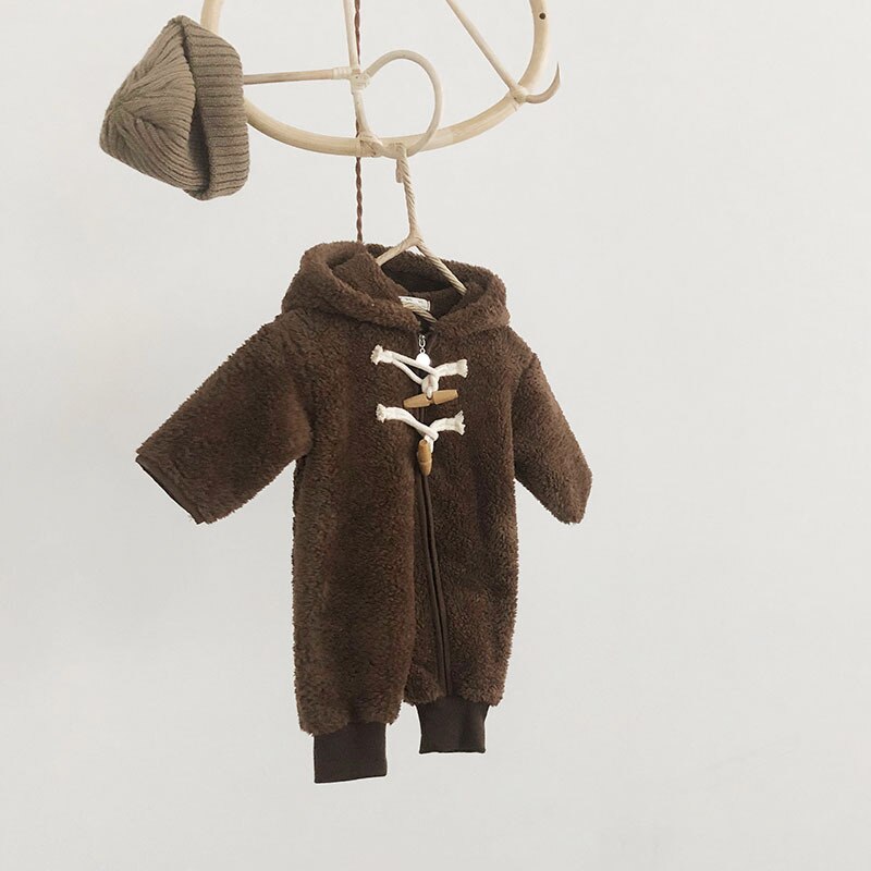 Autumn Winter Boys and Girls Regular Korean Style Cotton Kids Romper Warm, Hooded Collar, Long-Sleeved Zipper, Solid Color