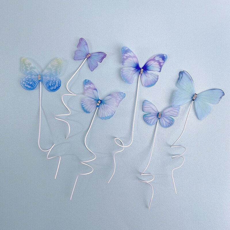 6Pcs Butterfly Cake Toppers Happy Birthday Handmade Wedding Party Dessert Baby Shower Cake Decoration DIY Baking Supplies: 6Pcs blue