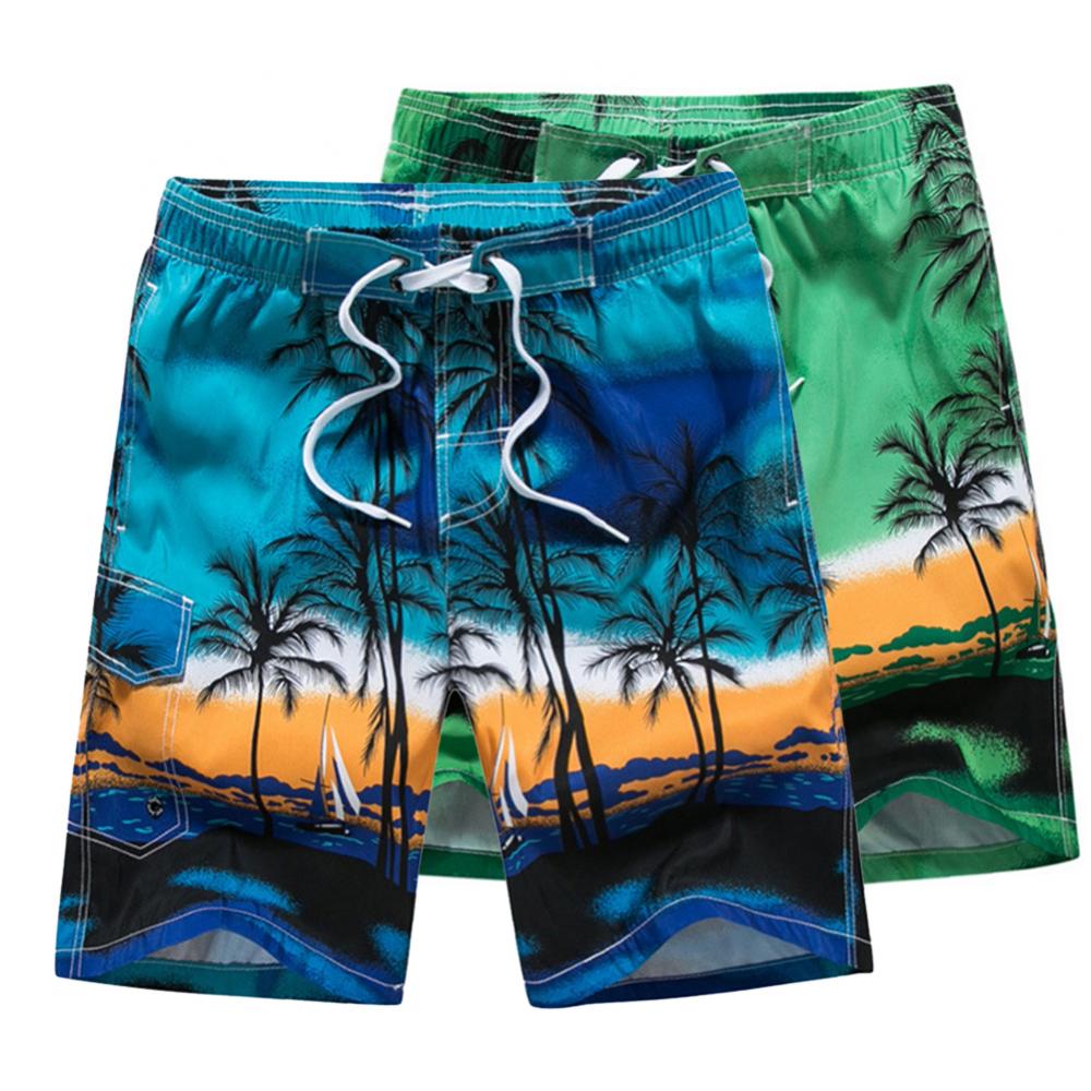 Plus Size Coconut Tree Print Men Swimming Trunks Summer Beach Shorts Boardshorts