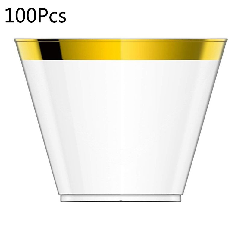100 Gold Plastic Cups 9 Oz Clear Old Fashioned Tumblers Gold Rimmed Cups: Gold