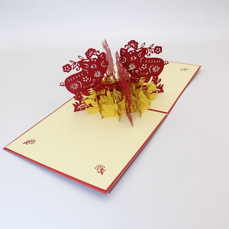 Gelukkig Nieuwjaar 3D Stereoscopische Hollow Rode Dubbele Pig Festival Zegen Verjaardag Wenskaarten Met Envelop Business Postkaart