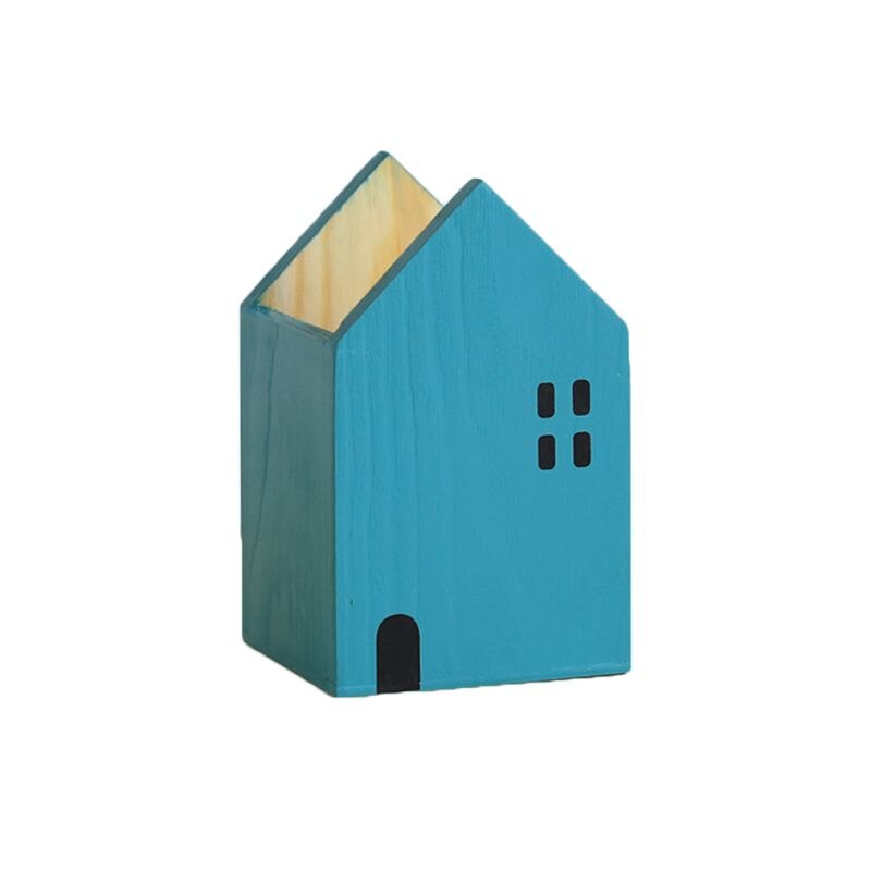 1 Pc maison forme en bois crayon porte-stylo organiseur de bureau conteneur brosse Pot papeterie école bureau fournitures: Blue S