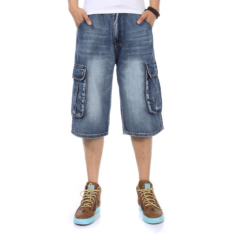 Herre plus size løs baggy denim korte mænd jeans streetwear hip hop lange 3/4 capri cargo shorts lomme bermuda mand blå