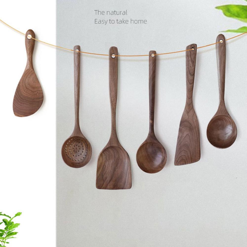 Retro houten kooklepel schep zwarte walnoot keukenaccessoires set keukenbenodigdheden houten schep