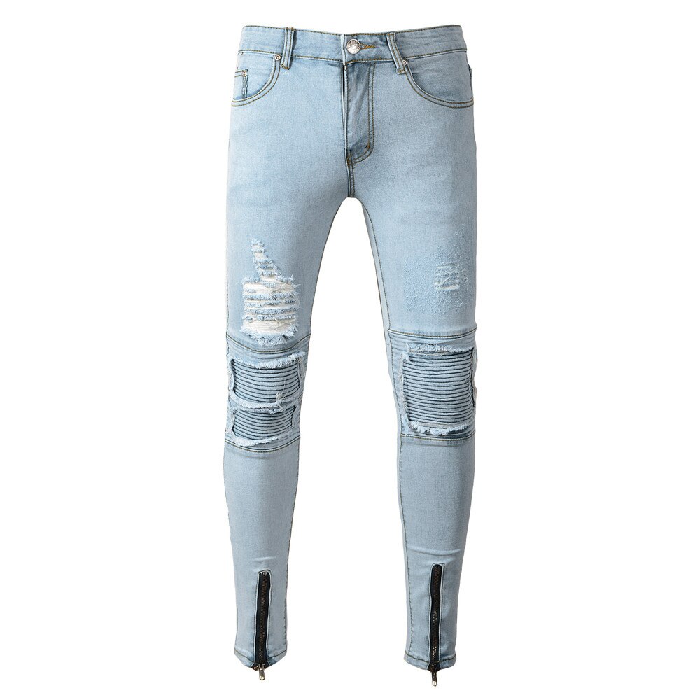 Män snygga slitna jeans byxor biker smal smal rak sliten denim byxor märke skinny jeans herrkläder