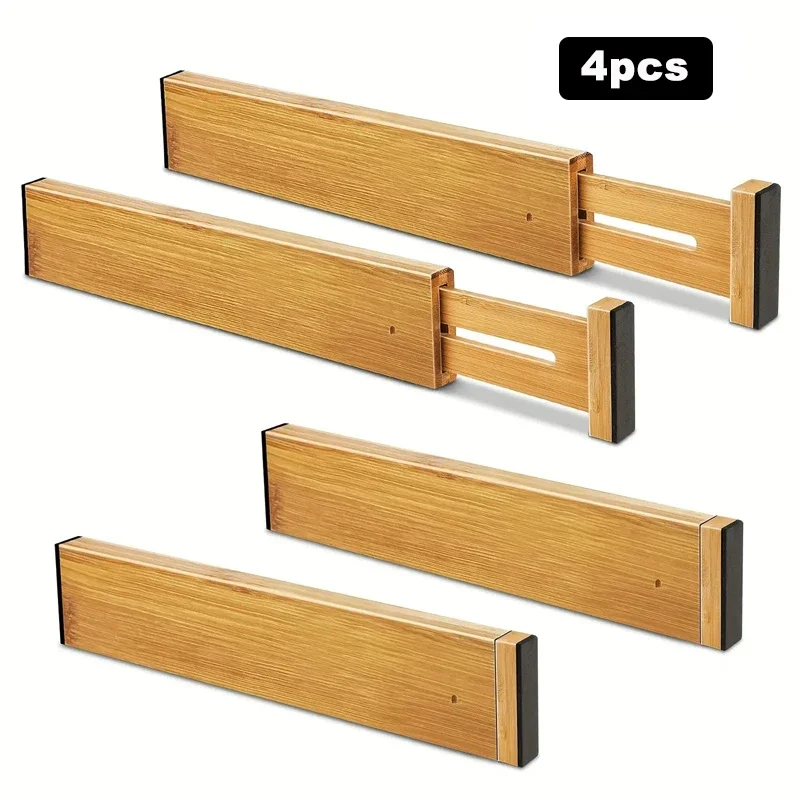 4Pcs Bamboo Drawer Dividers Organizers Adjustable Expandable Spring Loaded Drawer Separators for Kitchen Bedroom Dresser Offic
