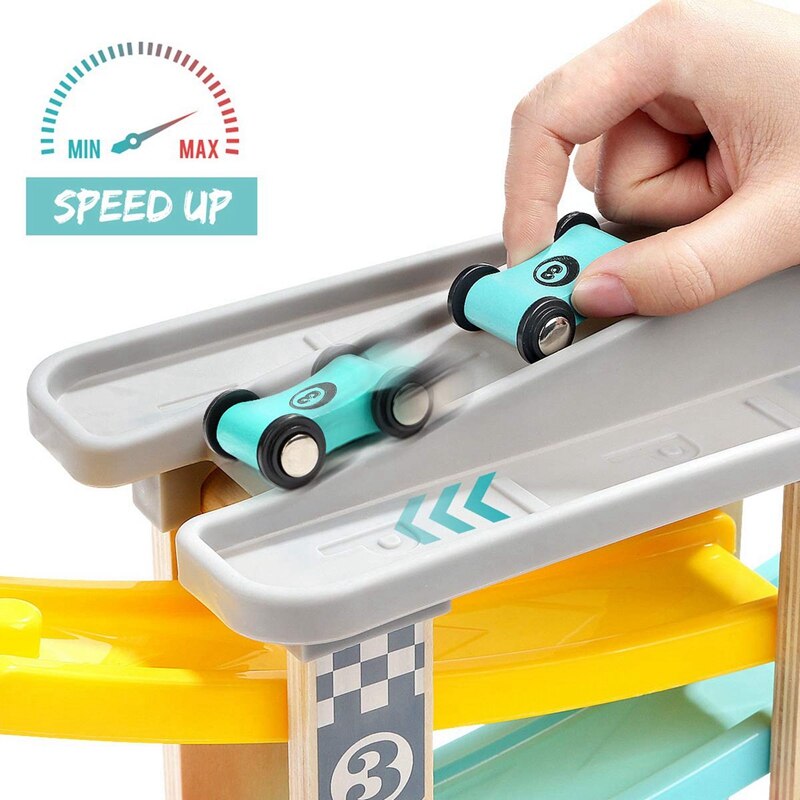 1 Set 4 Mini Car Wooden Track Ramp Racing Game & 20Pcs Children Play House Storage House Travel Bus Storage Box Toy