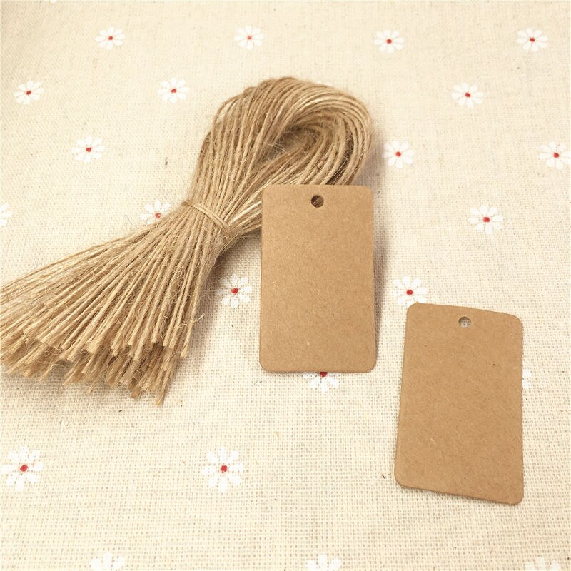 100 stk/lot kraftpapp rektangel håndlagde etiketter til oppheng for notisbokpose priskort papiretiketter med hampsnorer