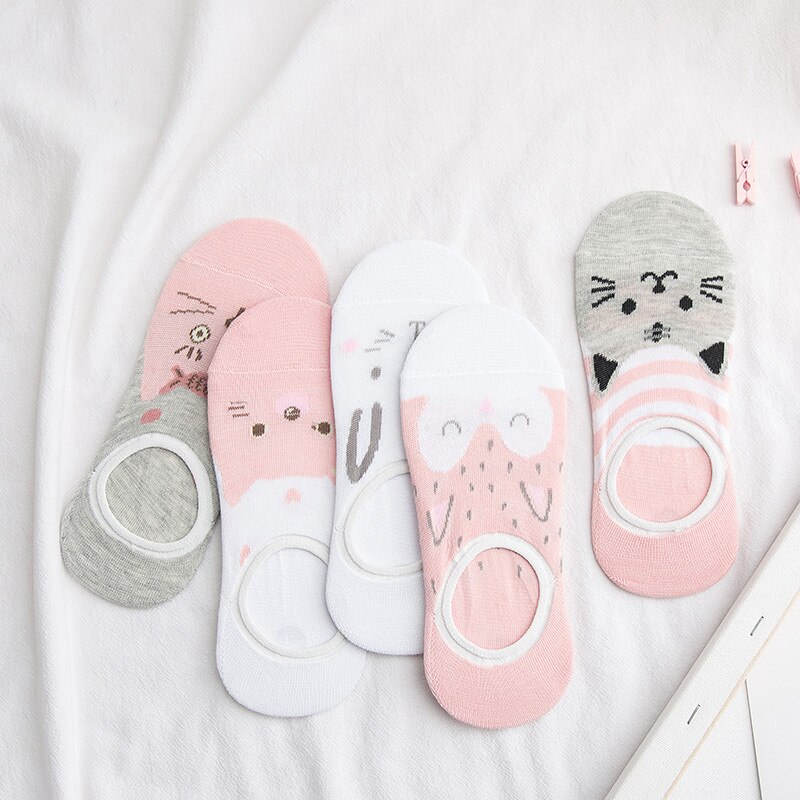5 Paar Baumwoll-Knöchelsocken - Damen Low Cut Unsichtbare Bootssocken - Cartoon Tiermotiv: L
