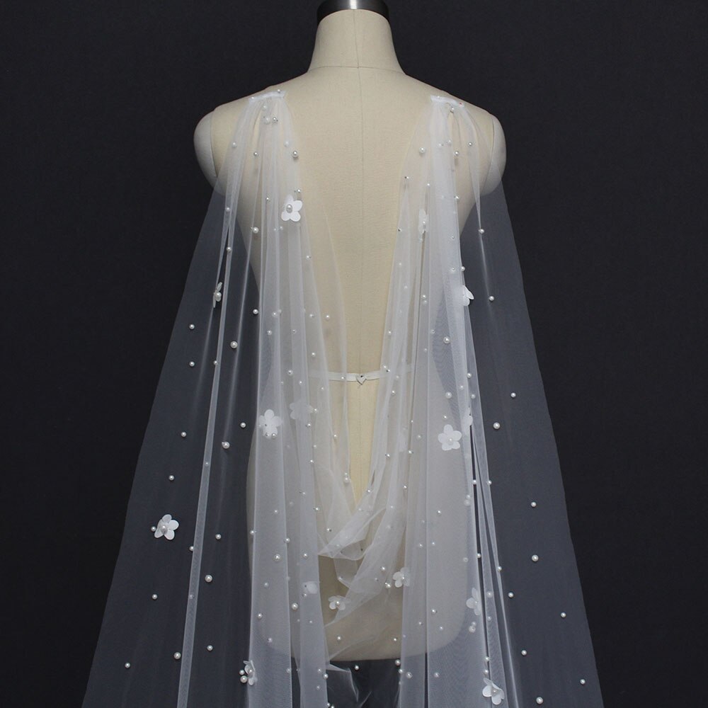 Echte Foto Parels Wedding Bolero Met Bloemen 3 Meter Lang Bridal Cape Met Parels Bruiloft Accessoires Bruid Bolero