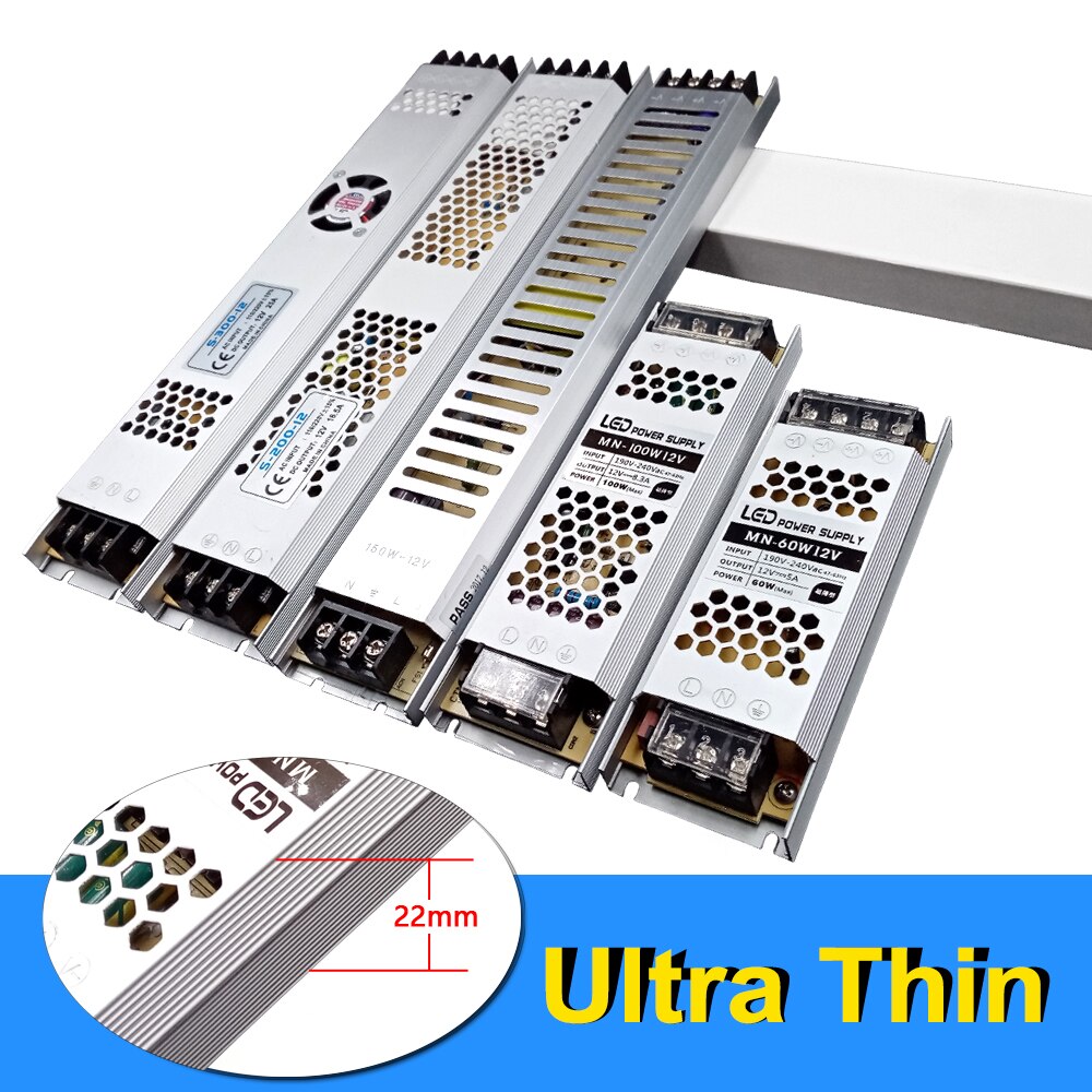Ultra fino led fonte de alimentação dc 12v 24v 60w 100 150 200 300 transformadores ac 220v 12v 24v fonte de alimentação led driver led tira