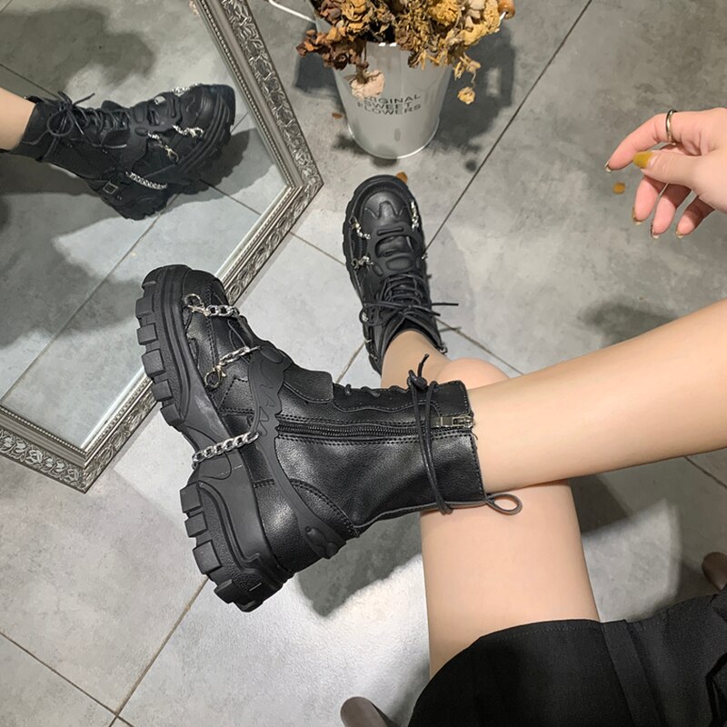 Botas de plataforma punk gótico para mujer, botas de combate negras con botones de metal, botas de moto para mujer