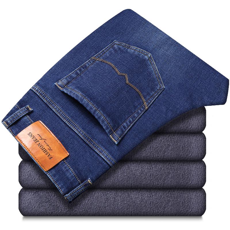 Dikke fluwelen broek warme jeans casual fleece broek heren winter overgewicht jeans blauw zwart regular fit stretch: Blauw / 36