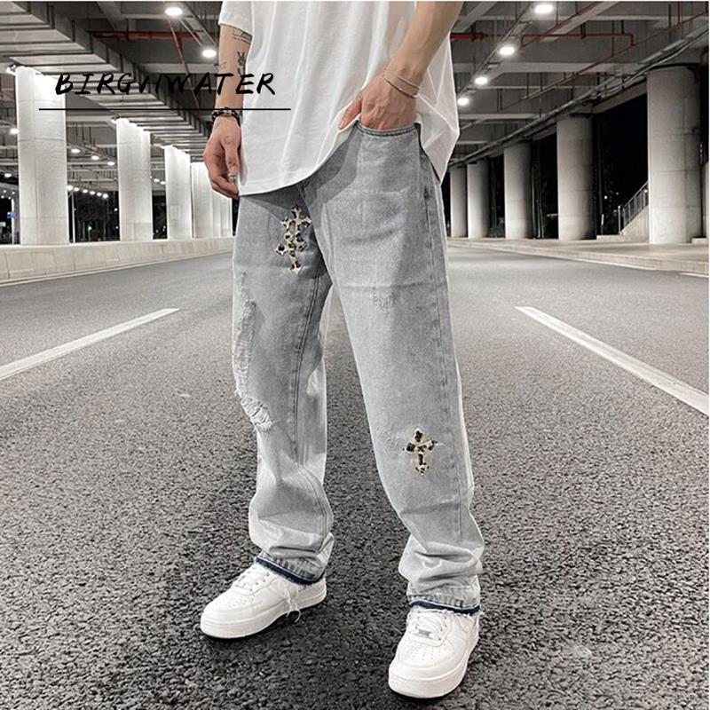 Jean déchiré rétro avec un croix brodée pour hommes, denim décontracté, pantalons délavés, droits, surdimensionnés, jeans, pantalon, haut, rue