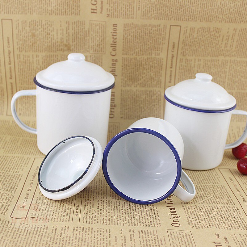 Enamel Tea Cup. Enamel coffee cup. Nostalgic enamel cup. White enamel drinking cup with cover. 5 pieces / 1 package