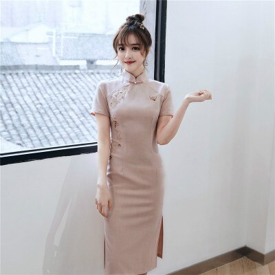 Qipao suave de algodón elástico bordado tradicional chino para mujer, vestidos ajustados con de mariposa, vestido chino de verano: M