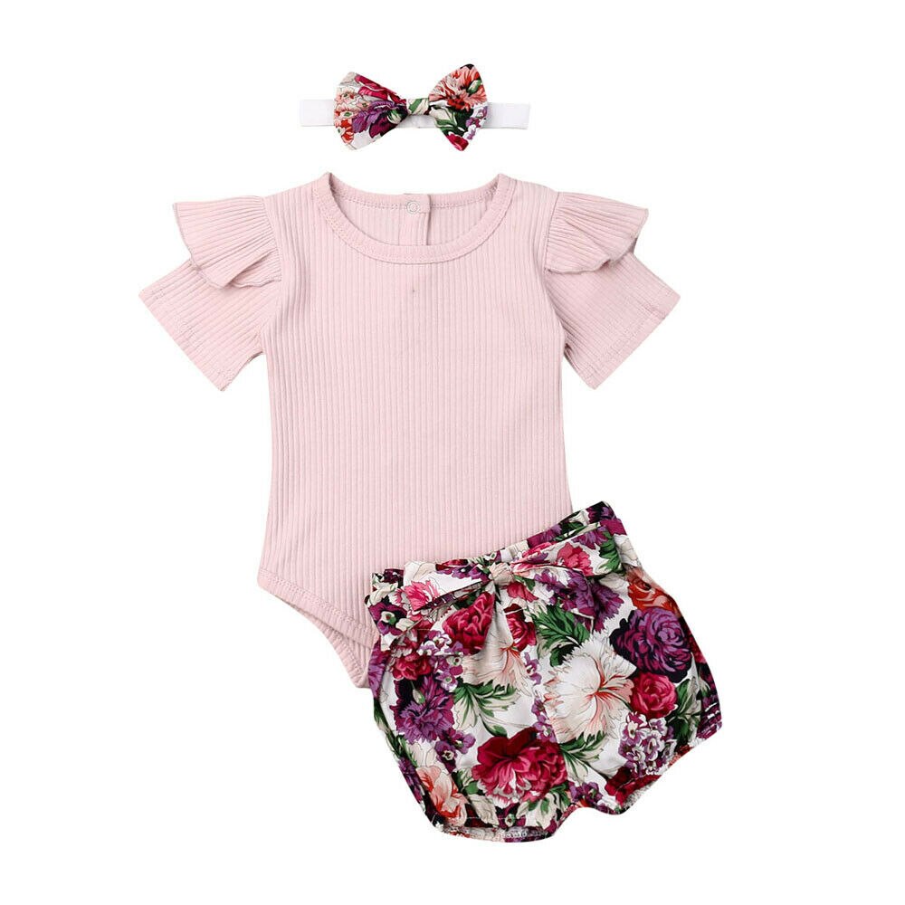 Baby Zomer Kleding Pasgeboren Baby Baby Meisje Jongens Kleding Sets Solid Geribbelde Romper + Bloemen Pp Shorts + Hoofdband 3Pcs Outfit: Roze / 18m