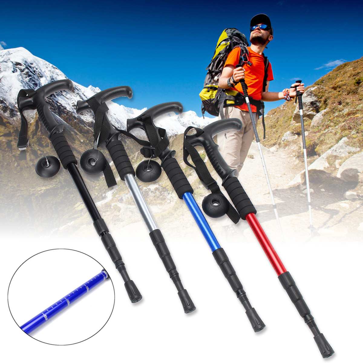 T-handle Walking Stick Telescopic Baton Hiking Trekking Poles Folding Cane Crutches Old Man Non Slip Rubber Cane