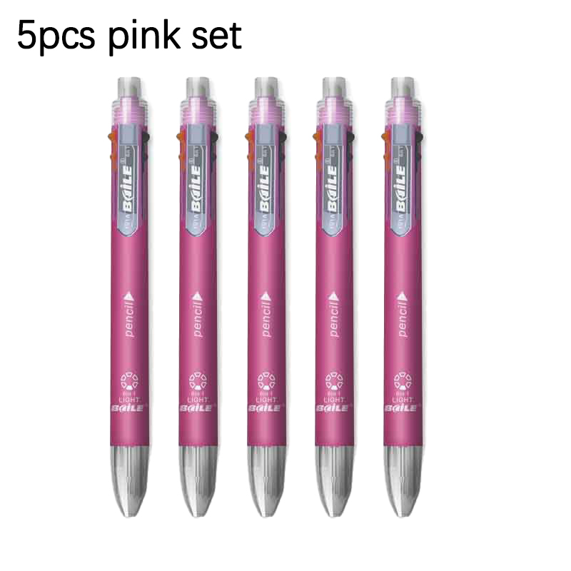 5pcs Multi-colour 6 in 1 Ballpoint Pen Set Multifunction Ball Pen and 1 Automatic Pencil Writing Supplies Stationery: Red