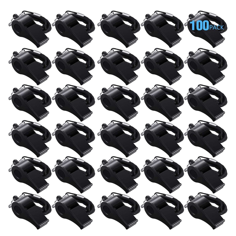 Top100 Pcs Black Lanyard Plastic Whistles Coaches Referees Fans Cheer Student Whistles Emergency Survival Whistles Bulk