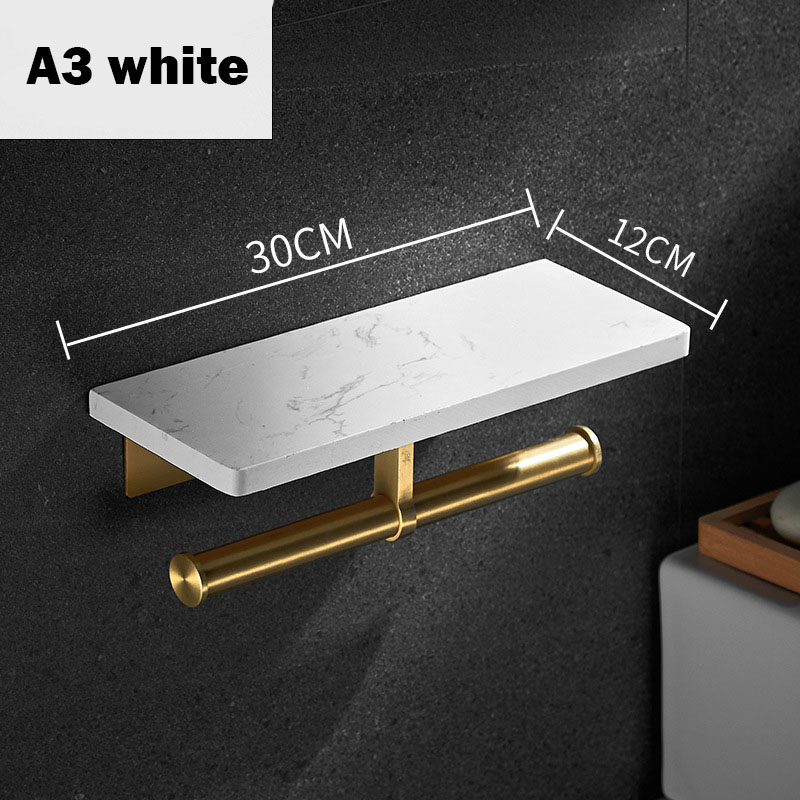 Porte-rouleau de papier essuie-tout en marbre doré, support mural de luxe pour téléphone portable, étagère de salle de bains, porte-papier toilette: White A3