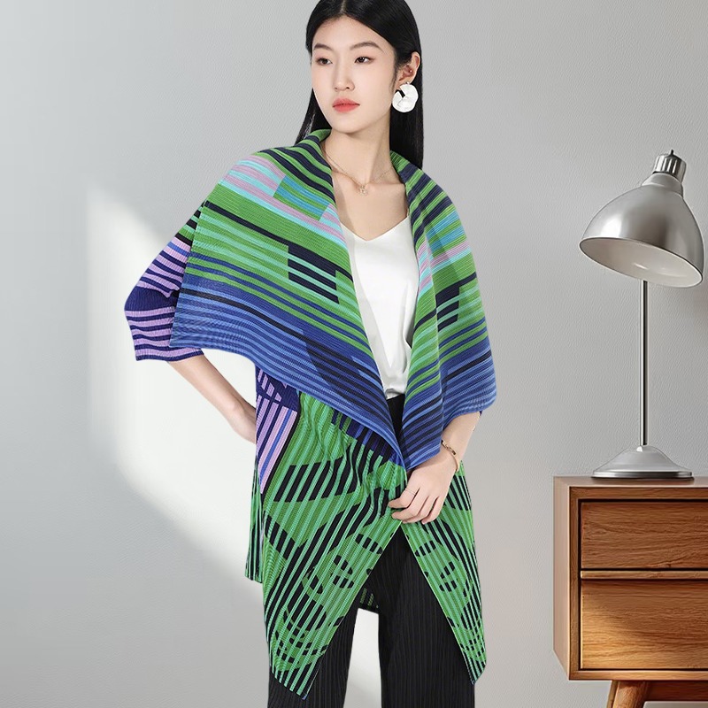 Geplooide bedrukte mode casual buitenponcho Miyake grote revers vest middellange sjaal tops zonbeschermende kleding