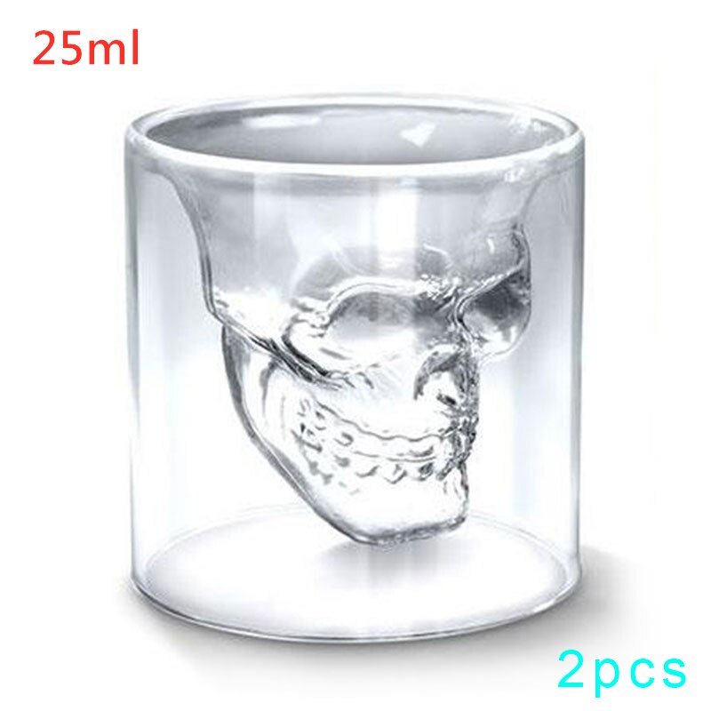 2Pcs 25Ml Dubbel Glas Schedel Cup Twee Manieren Shot Transparante Kristallen Schedel Head Cocktail Melk Champagne Whisky Wodka wijn Glas: 2pcs 25ml