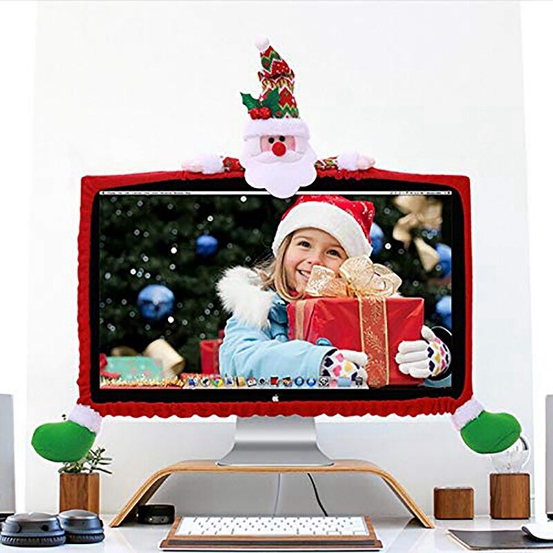 2 Pcs Christmas Computer Monitor Cover Cute Claus Decoration for Home Office , Elk & Santa