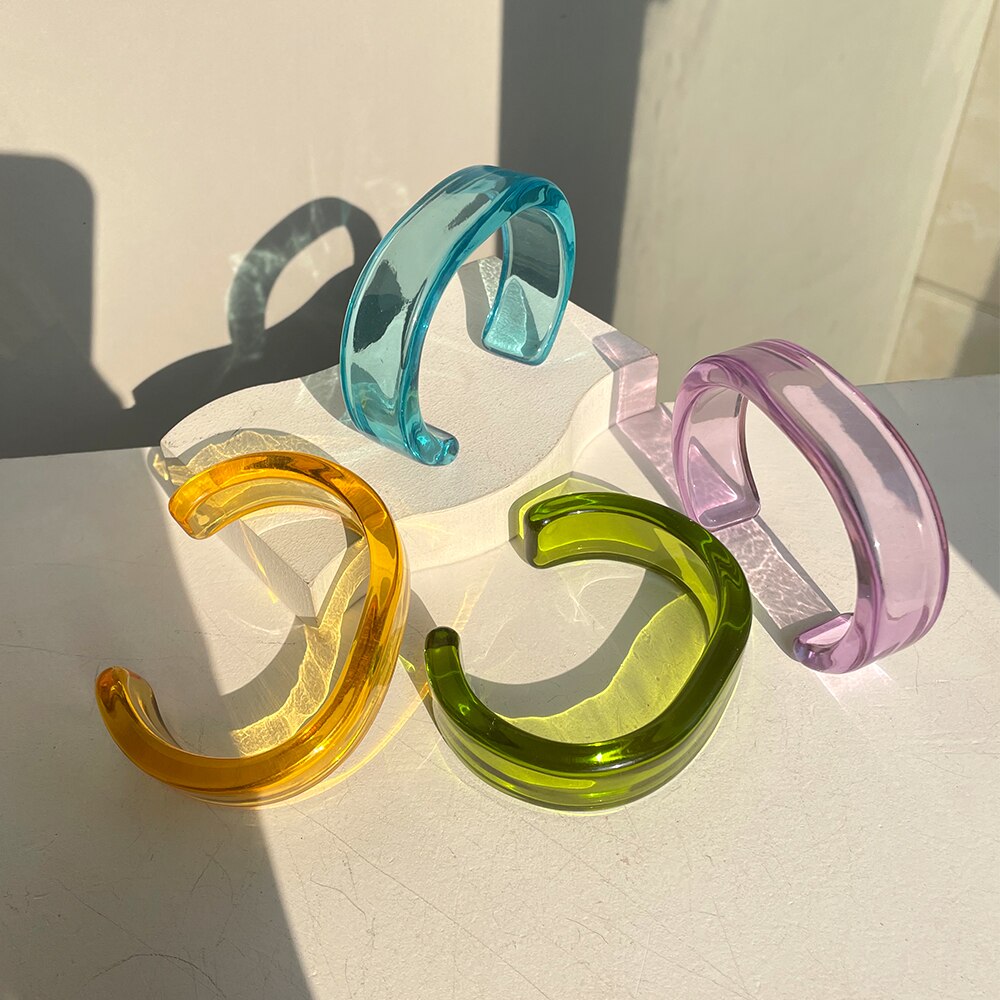HZ – Bracelet Transparent en résine acrylique colorée, géométrique, Simple, ouvert, Version large, pour femmes et filles, de bijoux,
