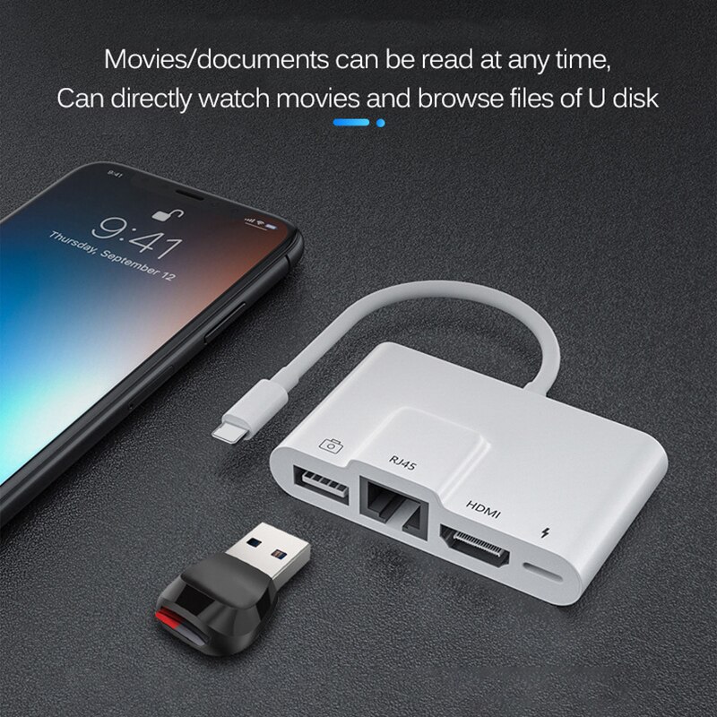 Estación de acoplamiento para iPhone, multiadaptador Lightning Internet + HDMI, compatible con pantalla + USB + carga AllIn1, conector Rj45 Living