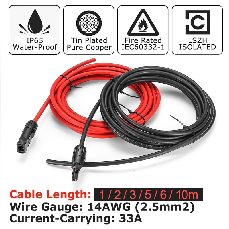 Fotovoltaïsche Kabel 1 Paar Rood + Zwarte Vrouwelijke/Mannelijke Verlengsnoer Zonnepaneel Pv Connector 3/5/6/10M 14AWG Kabel