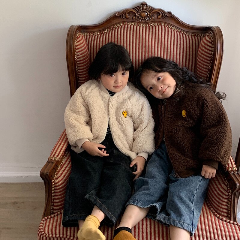 Herfst winter meisjes warme fleece jas kinderen glimlach jassen meisje dikke jas