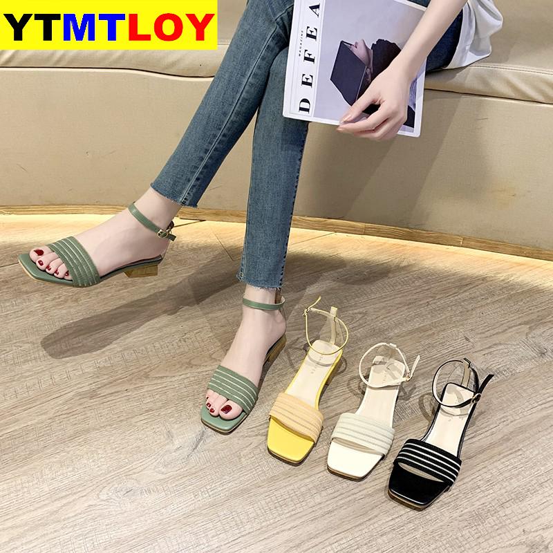 Gebreide Lage Hak Sandalen Vrouwen Hout Hak Open Teen Snoep Kleuren Zomer Stretch Stof Sandalen Dames Vierkante Teen Hakken Vrouwen