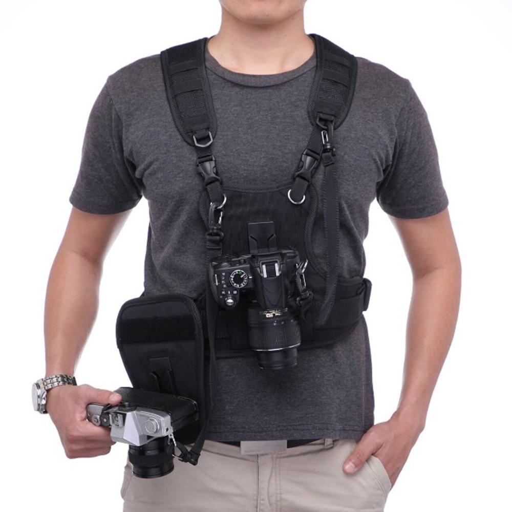 Lleva 2 DSLR Cámara correa de hombro doble pecho sistema de arnés chaleco cinturón para fotografía para Nikon Canon Sony SLR/videocámaras