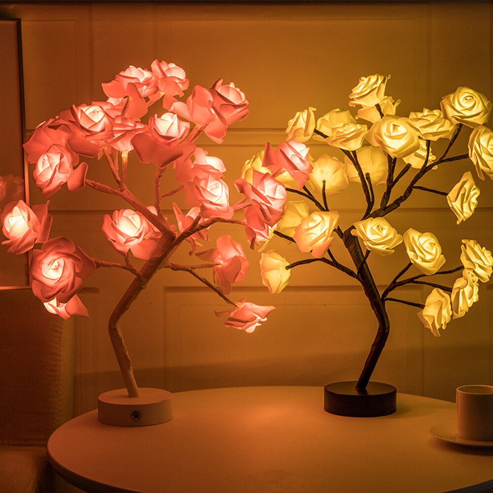 LED Simulation Lamp Rose Flower Tree Shape USB Port Battery Powered Decorative LED Garden Party Desktop Decor Light