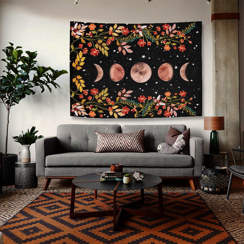 Large Size Moonlight Garden Tapestry Moon Phase Surrounded By Plants and Flowers Wall Hanging Blanket Room Decor Yoga Mat
