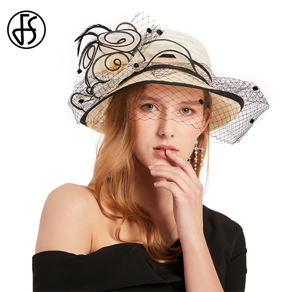 Fs beige hyvät fascinator hatut häät kentucky derby hatut naisille huntu kukka leveä lieri fedora organza kirkon hattu
