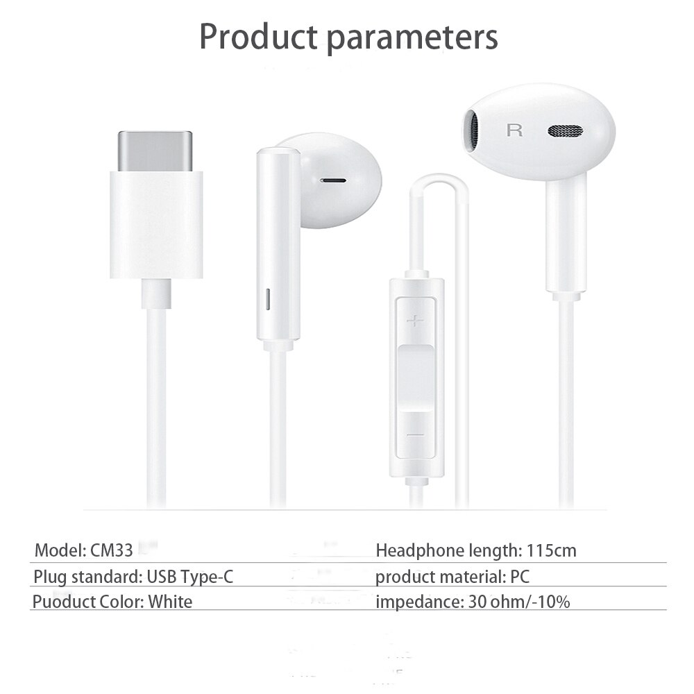 Original huawei  cm33 hörlurar usb typ-c i örat hörlurar headset mikrofon volym huawei mate 10 20 pro 20 x rs  p 10 20 30 not 10