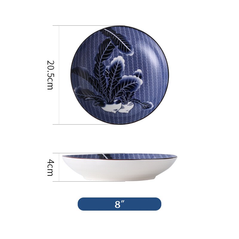 Vajilla de estilo chino con blanco y azul para pintar a mano de 8 pulgadas, platos de cerámica para fruta, ensalada, sopa: J