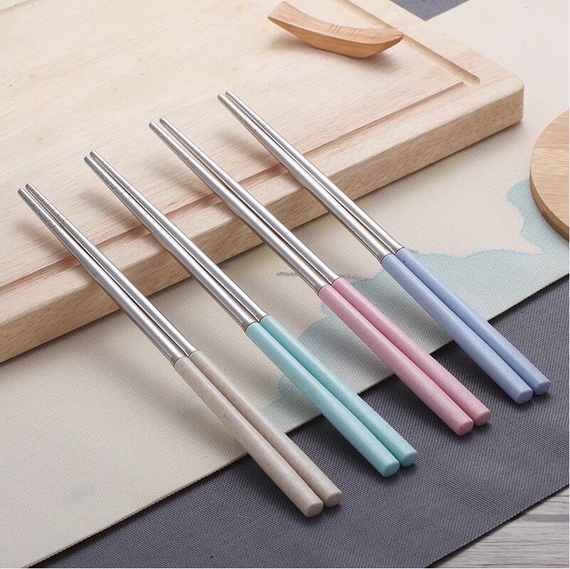 Værd at købe 4 par/sæt kinesisk spisepind genanvendelig 304 spisepinde i rustfrit stål med hvedehalmhåndtag mad sushi stick: Default Title