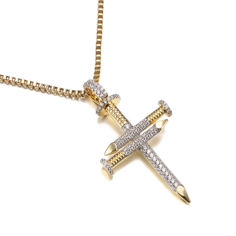 Nail Cross Jesus Necklace Christ Pendants Bling Bling CZ Jewelry For Women Hip Hop Charms Men: Gold color