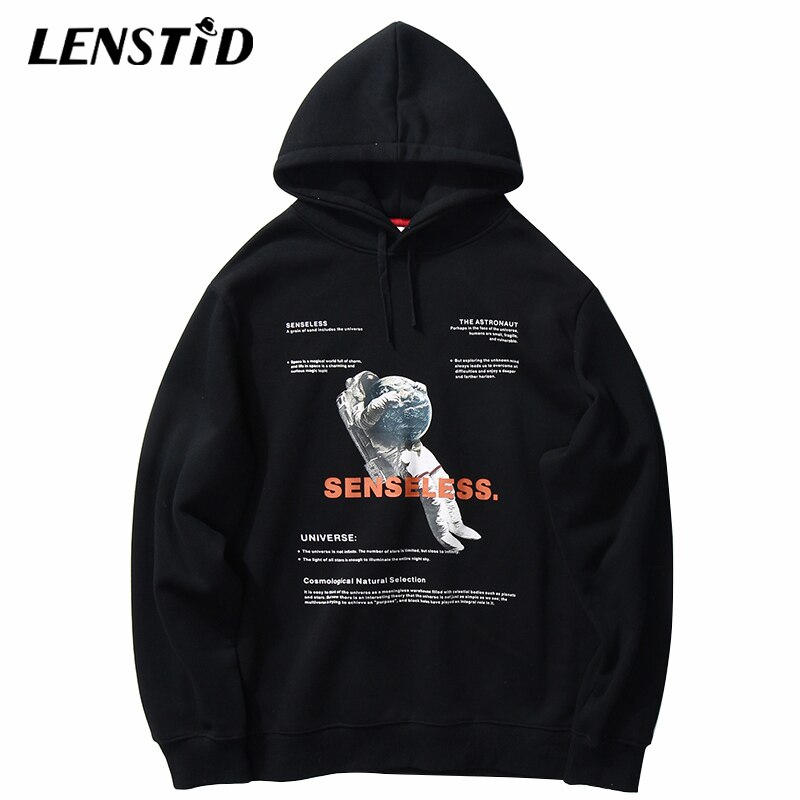 LENSTID Men Hip Hop Winter Fleece Pullover Hoodies Spaceman Print Harajuku Streetwear Autumn Cotton Warm Hooded Sweatshirts