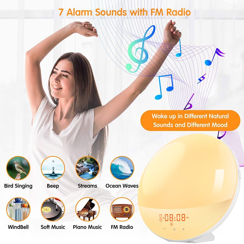 Alarm Clock Wake Up Light Smart Digital Snooze Nature Night Lamp Sunrise Colorful Light Nature Sounds FM Radio 7 Colors Sunrise